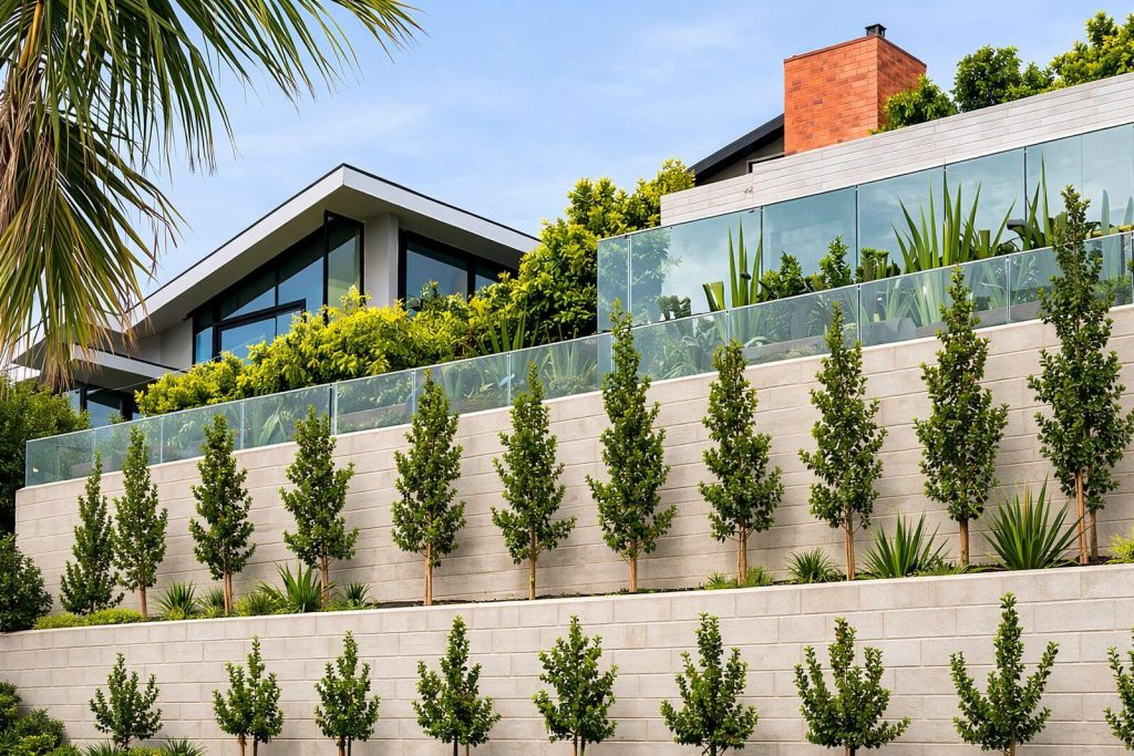 Segmental retaining wall supporting a landscaped hillside property