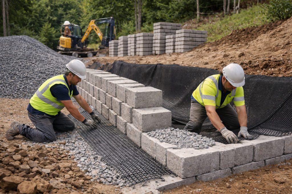 Reinforced segmental retaining wall installation