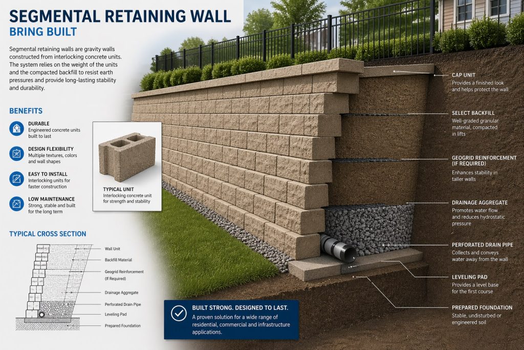 Segmental retaining wall system diagram illustrating block construction and drainage design