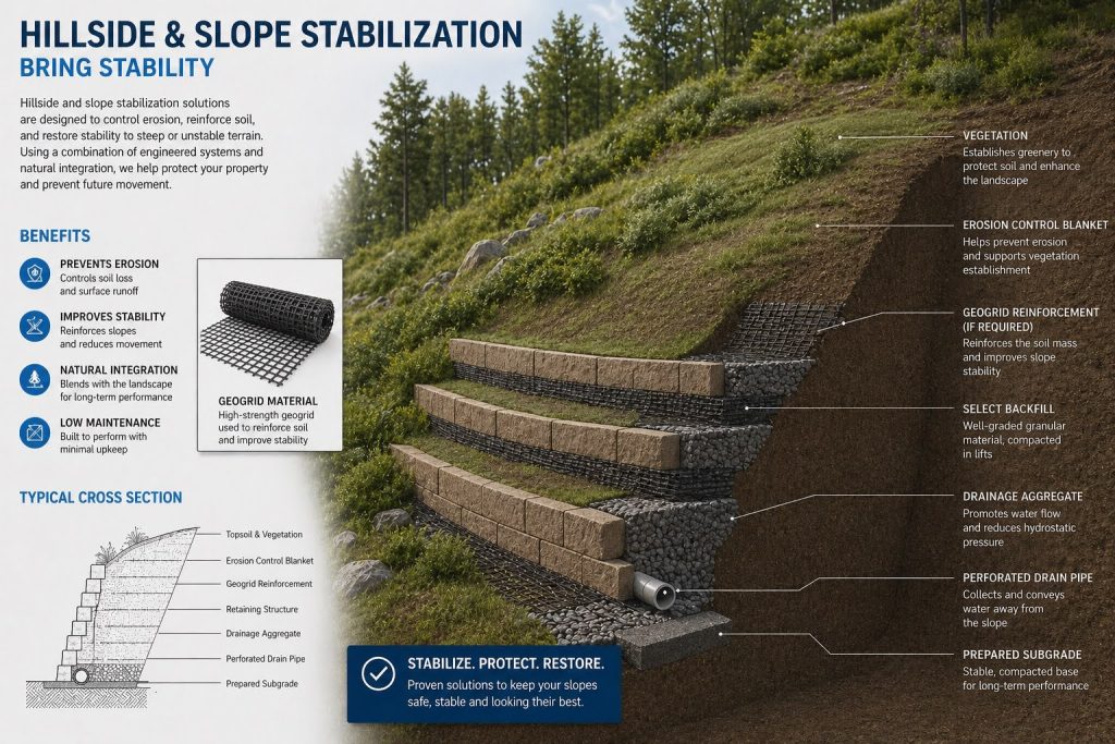 Slope stabilization retaining wall system showing engineered reinforcement and hillside support