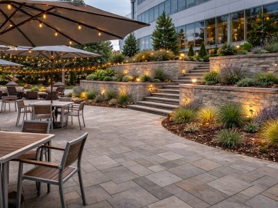 Commercial retaining wall and courtyard installation designed for structural support and long-term landscape integration