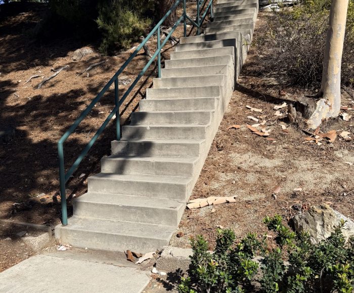 Retaining wall and concrete staircase installation on a steep Los Angeles hillside